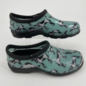 Sloggers Gardening Shoes WOMENS Black Green Cow Pattern Slip On Waterproof 6
